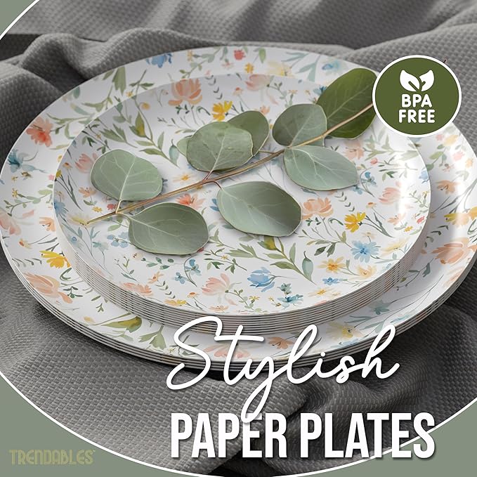 Trendables Heavy Duty Paper Plates Set For 16 Guests - 16 Each Of 8-inch And 10-inch Disposable Plates For Party - Fancy 32 Piece Dinnerware Set For All Occasions | Floral Design, Petite Fleur