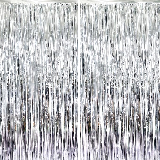 GOER 6.4 ft x 8.2 ft Metallic Tinsel Foil Fringe Curtains,Pack of 2 Party Streamer Backdrop for Birthday,Graduation Decorations and New Year Eve (Silver)