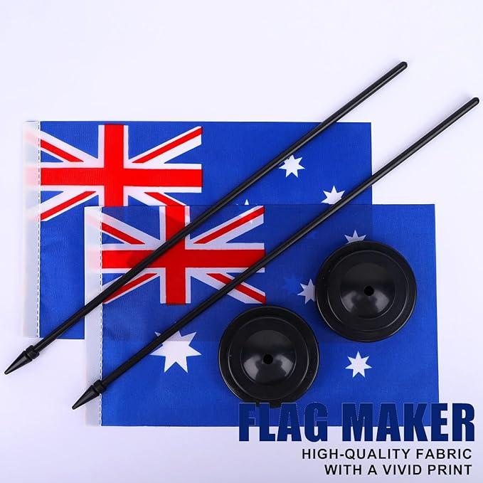 Australia Desk Flag 12" Solid Pole Deluxe Set Australian Flags Banner Mini Small Australia Office Table Flags with Black Stand Base Desktop Decorations(2Pack)