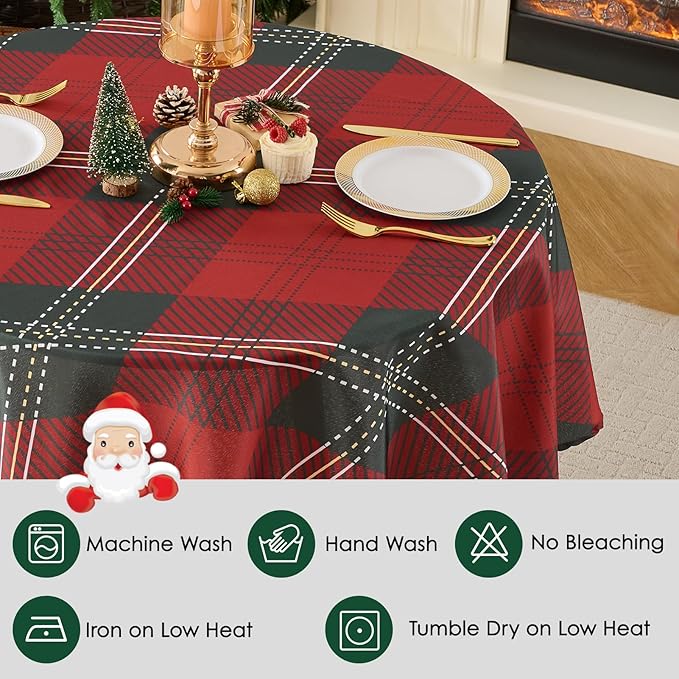 Christmas Tablecloth Round 60 Inch Waterproof, Machine Washable Checkered Polyester Table Cover for Xmas Party, Winter Holiday Home Decoration in Festive Checkered Green 1pack