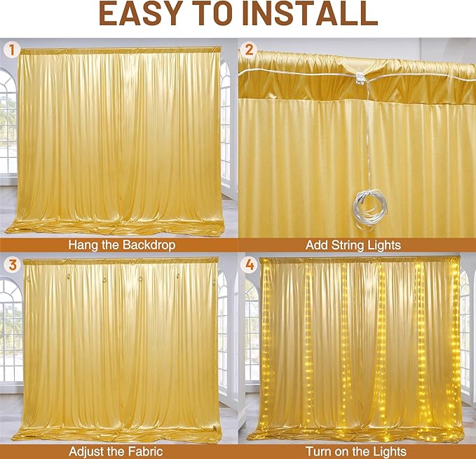 PartyVillage 20x10FT Gold Sequin Backdrop Curtain with String Lights – 4 Panels 5x10FT Sparkly Wrinkle-Free Glitter Backdrop Drapes for Birthday, Wedding, Photography, Graduation Party Décor