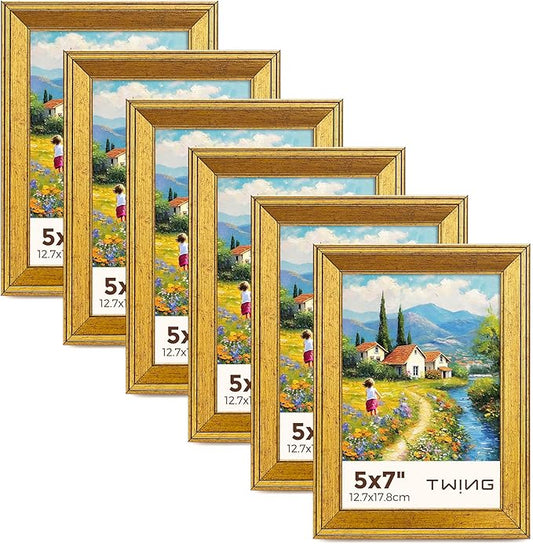 TWING 5x7 Gold Picture Frames Set of 6,Rustic Gold Frames Display Pictures 4x6 with Mat or 5x7 Without Mat,Tabletop Display and Wall Mounting Home Collage Photo Frame,Set for Wall Gallery