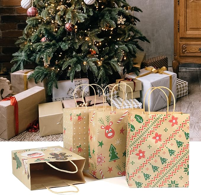 Ogrmar 24 PCS Christmas Gift Bags Kraft Holiday Wrapping Paper Bags with Christmas Prints for Holiday Party Favors Xmas Gift Box Packaging