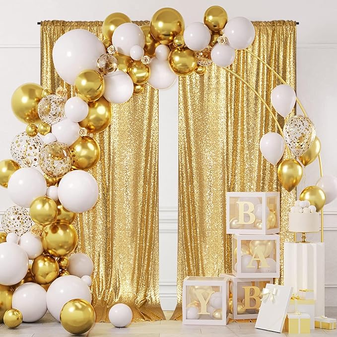 PartyDelight Sequin Backdrop Curtains 2 Panels Sparkly Gold 5Ft x 10Ft Photograph Wedding Curtain Special Events