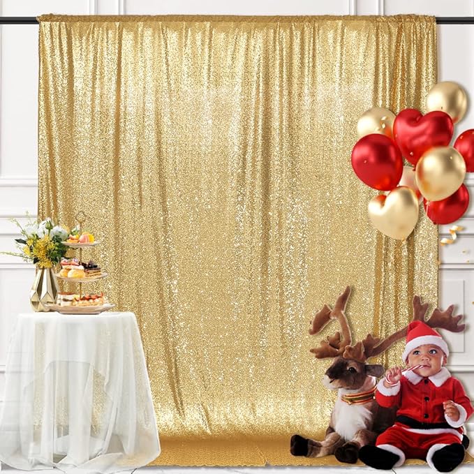 PartyDelight Sparkly Gold 8FT X 8FT Sparkly Sequin Backdrop Curtains for Wedding Party Room Decorations