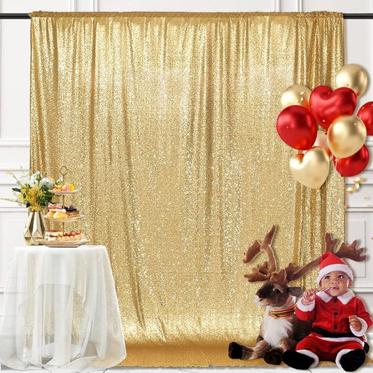 PartyDelight Sparkly Gold 8FT X 8FT Sparkly Sequin Backdrop Curtains for Wedding Party Room Decorations