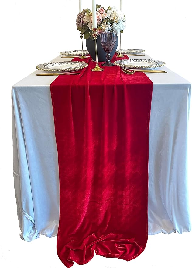 Velvet Table Runner, 10ft Luxurious Wedding Reception Decorations Soft Velvet Fabric Table Linen Overlay for Party (20 x 120 inch, Red)