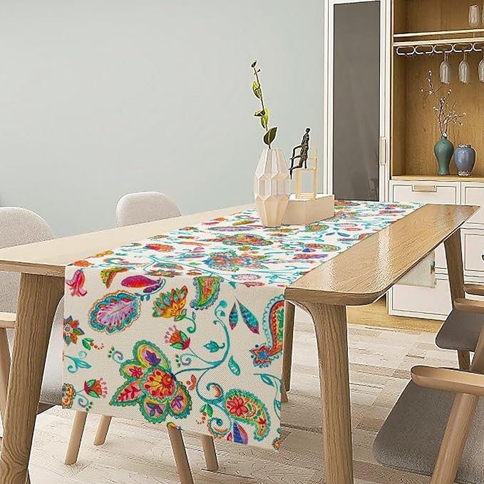 Paisley Table Runner, Watercolor Floral Oriental Indian Traditional Tulips Leaves Bohemian Paisley Print Table Runner for Kitchen Dining Tables Party Decor, 13x60inch
