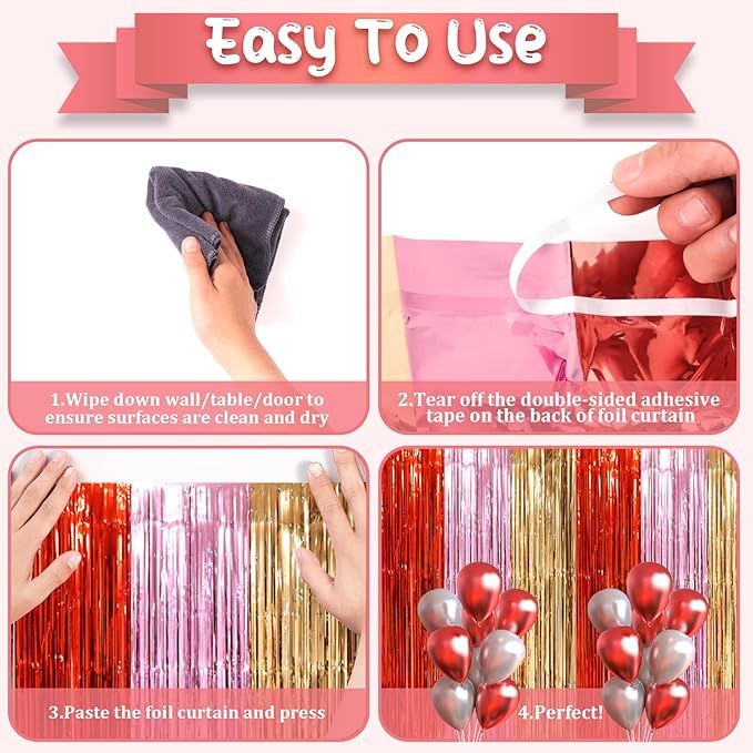 3 Pack 3.3 x 8.2 ft Valentine Foil Fringe Backdrop Curtains, Tinsel Streamers Party Decorations, Fringe Backdrop, Door Shimmer for Valentine or Birthday Party