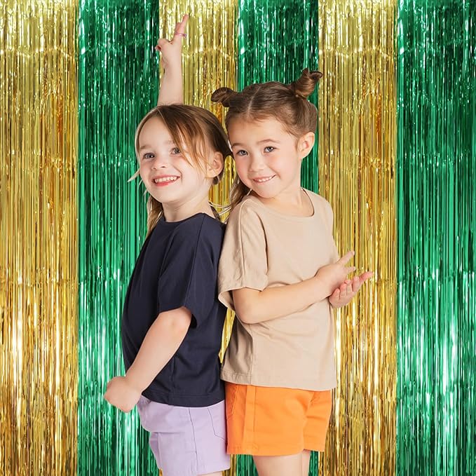 3 Pack 3.3 x 8.2 ft Green and Gold Foil Fringe Backdrop Curtains, Tinsel Streamers Party Decorations, Fringe Backdrop, Door Shimmer for Graduation or Birthday Party