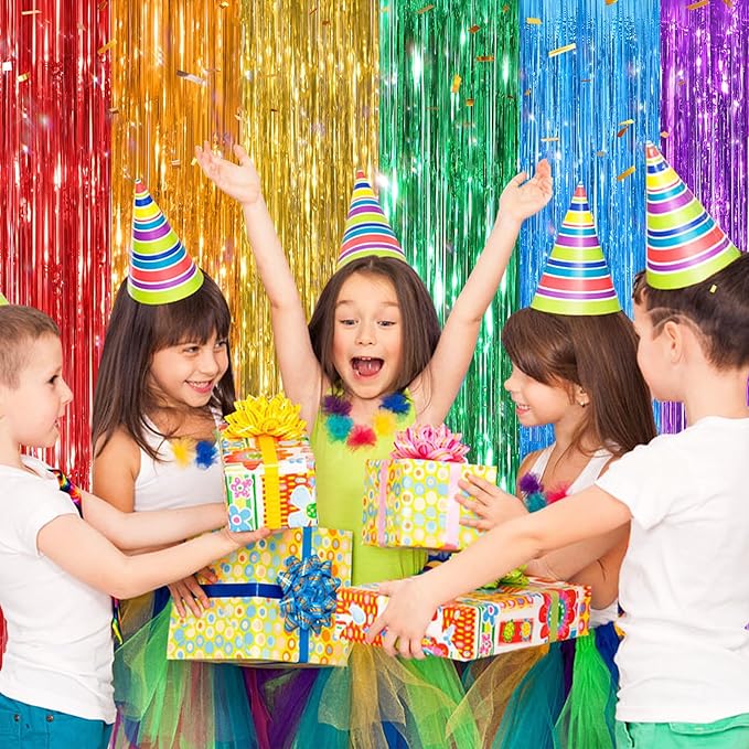 2 Pack Rainbow Metallic Tinsel Foil Fringe Curtains, Door Streamers Photo Booth Backdrop for Birthday Party, Tinsel Curtain Backdrop for Baby Shower Bachelorette Christmas Party Decorations