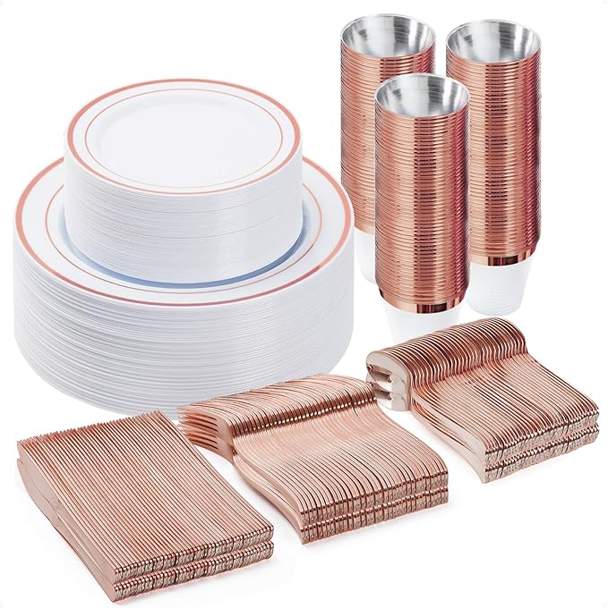 BESTVIP 300PCS Plastic Dinnerware Set (50 Guests), Rose Gold Disposable Plates for Party, Wedding, Christmas, Anniversary, Includes: Dinner Plates, Dessert Plates, Cups, Spoons, Forks and Knives