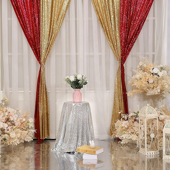 Poise3EHome Red Sequin Backdrop Curtain,4 Pieces 3FT x 8FT Glitter Panels for Christmas Wedding Party Background Decoration