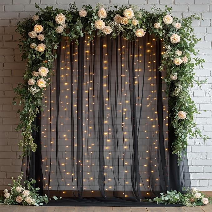 Black Tulle Backdrop Curtain with Lights String - 10x10ft Sheer Backdrop with 300 LEDs for Halloween, Wedding, Bridal Shower, Birthday Party Photo Shoot Background and Home Decorations