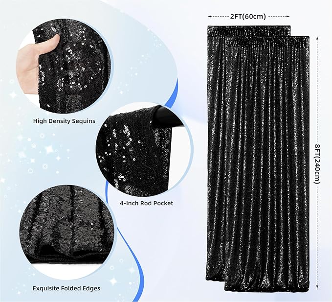 Juya Delight 2Pcs 2ftx8ft Black Shimmer Sequin Backdrop Curtains - Black Glitter Photo Backdrop for Wedding Birthday Parties Wall Decoration