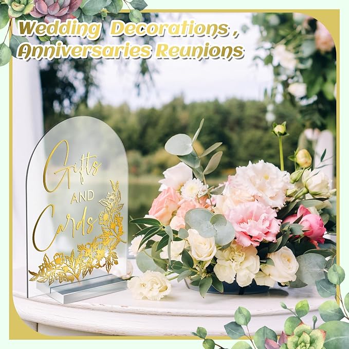 Chunful 4 Pcs Clear Acrylic Wedding Sign with Stand for Ceremony Reception 5" x 7" Guest Book Cards and Gifts In Loving Memory Favors Please Take One Table Sign for Wedding(Shiny Gold,Classic Style)