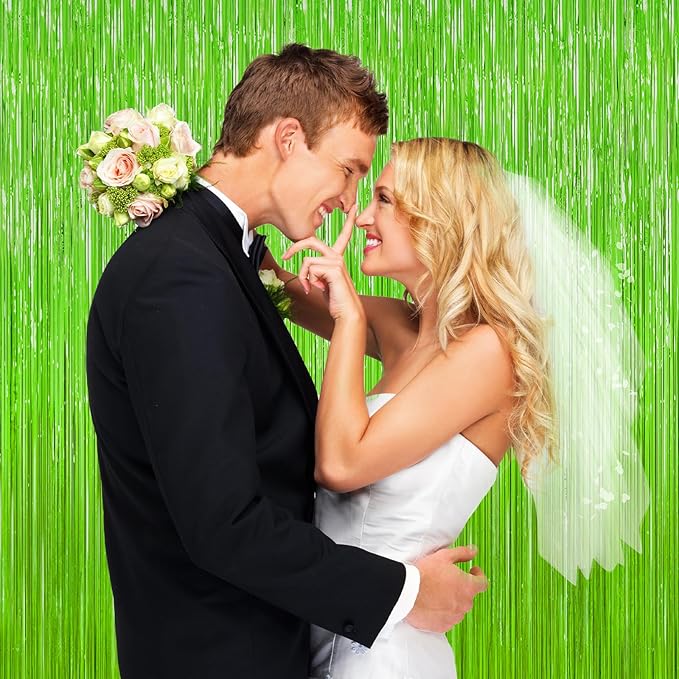 Grass Green Foil Fringe Curtain Backdrop, 2Pack Metallic Tinsel Fringe Curtain Streamers Photo Backdrop for St Patricks Day Football Decorations, Birthday Christmas Tropical Party Decor Door Streamers