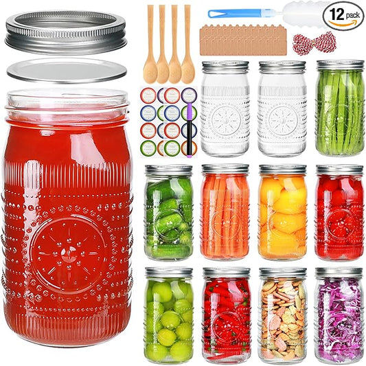 Encheng 12 Pack 32oz Wide Mouth Mason Jars with Lids and Bands,Clear Glass Canning Jars for Fermenting,Preserving,Quart Size Large Mason Jars for Jam,Pickling,Meal Prep,DIY Crafts