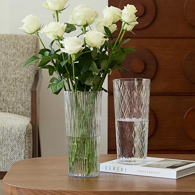 2 Clear Crystal Plastic Flower Vase, 10.2" Acrylic Rose Bouquet Vases for Home Decor Centerpieces Wedding Birthday Mothers (D4.6 2 + 2 Holder)
