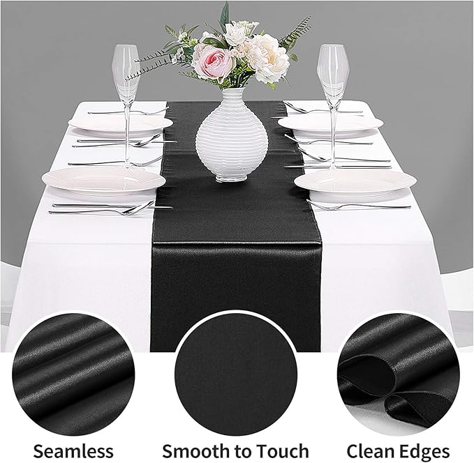 10-Pack Satin Table Runner Black 12 x 108 inches Long, Table Runners for Wedding, Birthday Parties, Banquets Decorations（10 Pack, 12x108 Inch, Black）