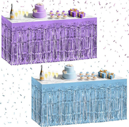2 Pack Light Blue Light Purple Table Skirts, 29x108" Metallic Foil Tinsel Fringe Table Skirt for Rectangle Tables Streamer Curtains Backdrop, Party Decorations for Birthdays, Weddings, Holidays