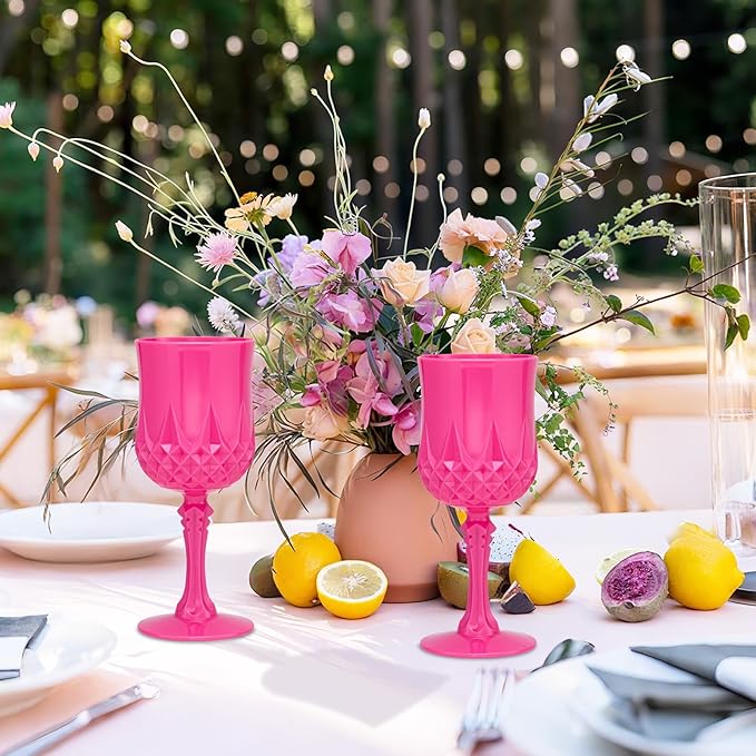 Plastic Vintage Wine Glasses 7OZ Plastic Goblets Vintage Drinking Glasses 48PCS Retro Wedding Glassware Water Goblets Reusable Drinking Cups for Party,Reception,Celebration,Bar,Whiskey(Rose Pink)