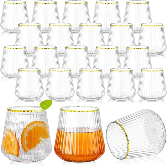 Suclain Plastic Wine Glasses Ribbed Stemless Wine Glasses 14oz Vertical Design Unbreakable Cups for Outdoor Indoor Vintage Elegant Champagne Whiskey Cups for Party Wedding(Clear, Gold,50 Pcs)