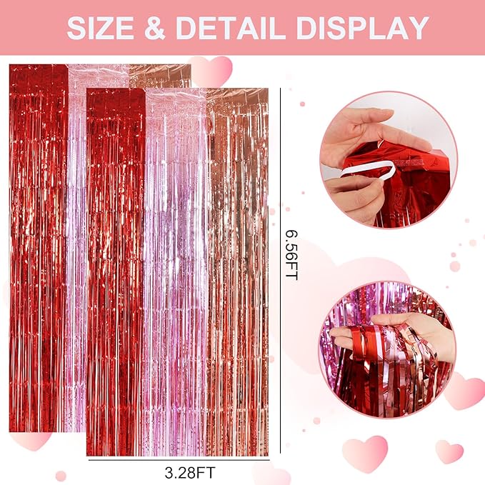 TONIFUL Valentine's Day Door Streamers,Red Pink and Rose Gold Photo Booth Backdrop Metallic Streamers Foil Fringe Curtain for Birthday Valentine's Day Bridal Shower Engagement Party Decoration