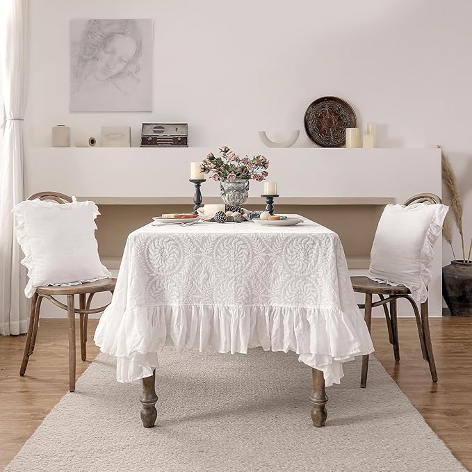 patdrea Vintage Ruffle Tablecloth for Square Tables,Farmhouse Embroidered Cotton White Lace Table Cloth Cover Decor for Dining Room Wedding Banquet Thanksgiving Christmas,51"*51"