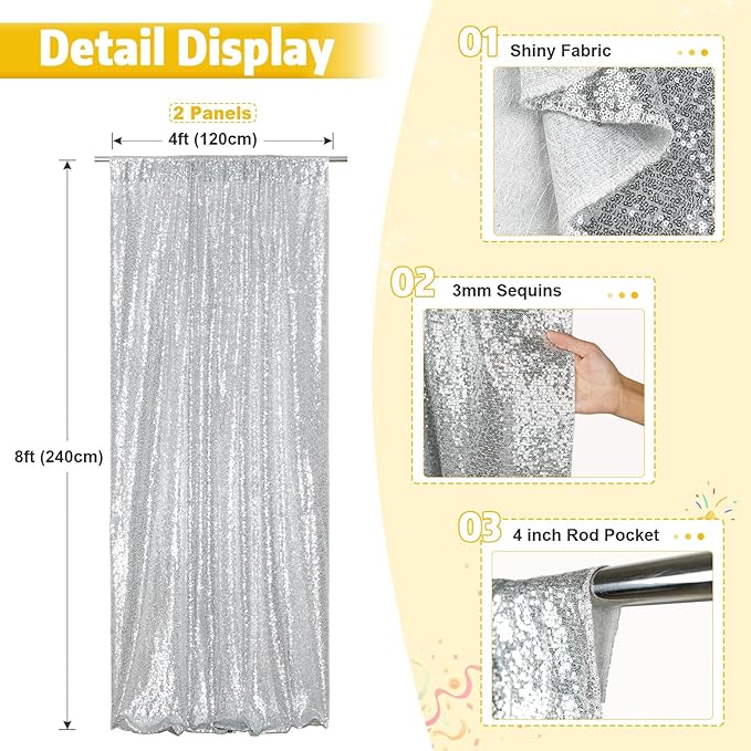 Poise3EHome 2 Panels 4ftx8ft Silver Sequin Backdrop, Upgrade Shimmer Backdrop for Wedding Christmas Party Photo Booths Event Decorations