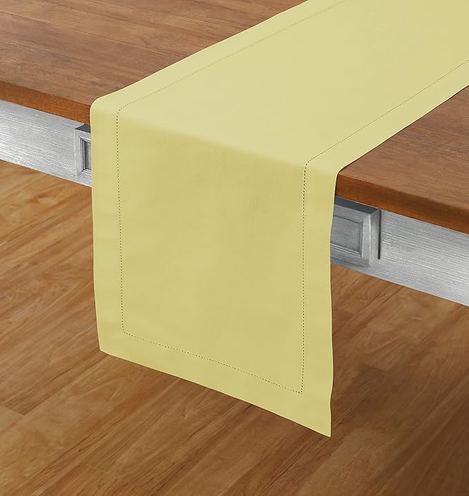 Solino Home Cotton Linen Yellow Table Runner 72 Inches Long - Hemstitch Table Runner 14 x 72 Inch for Dresser, Dining