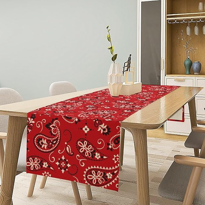 Paisley Table Runner, Boho Vintage Western Red Paisley Flower Print Table Runner for Kitchen Dining Table Wedding Holiday Party Decor, 13x108inch