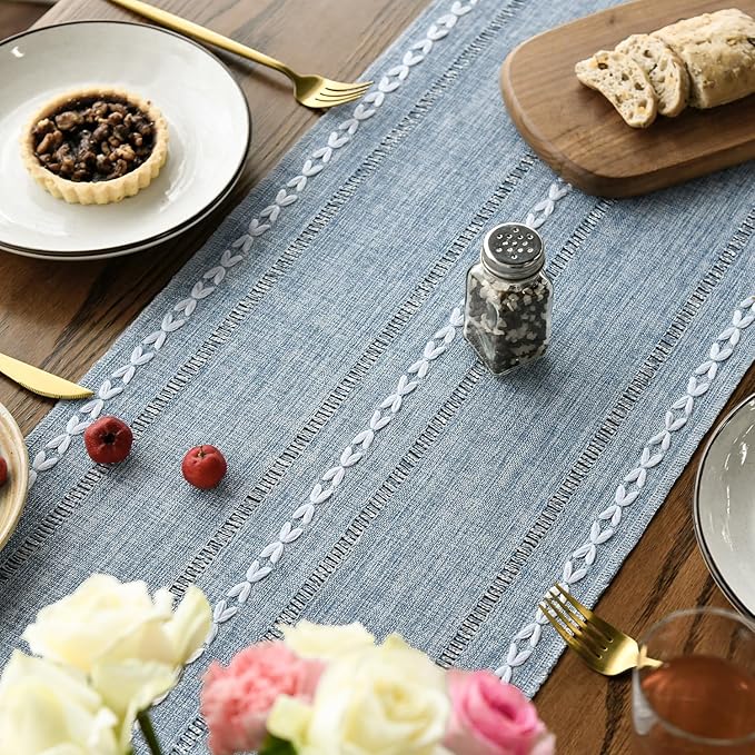 Artoid Mode Dusty Blue Cotton Linen Table Runner, Seasonal Rustic Embroidered Hollow Kitchen Dining Table Decoration for Home Party Decor 13x60 Inch