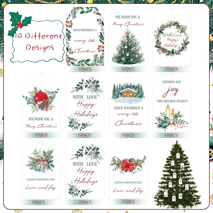 100PCS Christmas Gift Tags 10 Styles Watercolor Christmas Tree Pinecone Tags with String Celebrations Tag for Present Wrapping Xmas Holiday Seasonal Party Favors