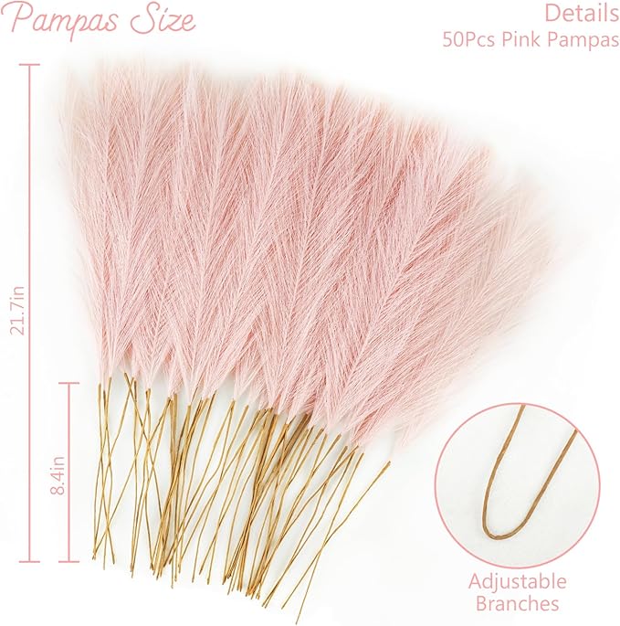 50pcs Pink Faux Pampas Grass Decor, 21.6" Short Artificial Pompous Grass Floral Fake Pompas Grass Branches Vase Filler Flower Arrangement for Home Wedding Boho Decor