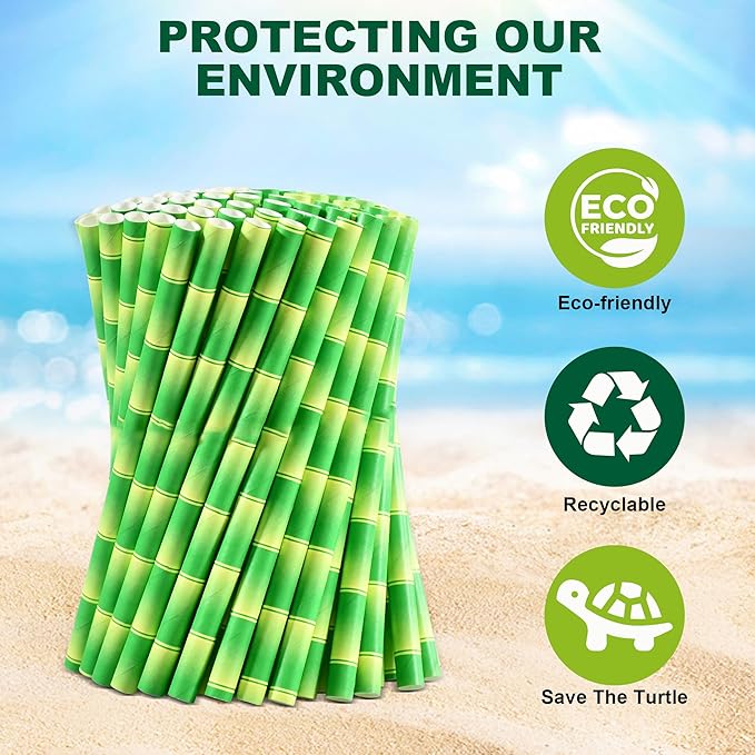 5.75" x 0.31" Green Bamboo Disposable Paper Drinking Straws for Short Drinks, Blended Cocktails, Margaritas, Smoothies, Milkshakes - Unwrapped [250 Counts]