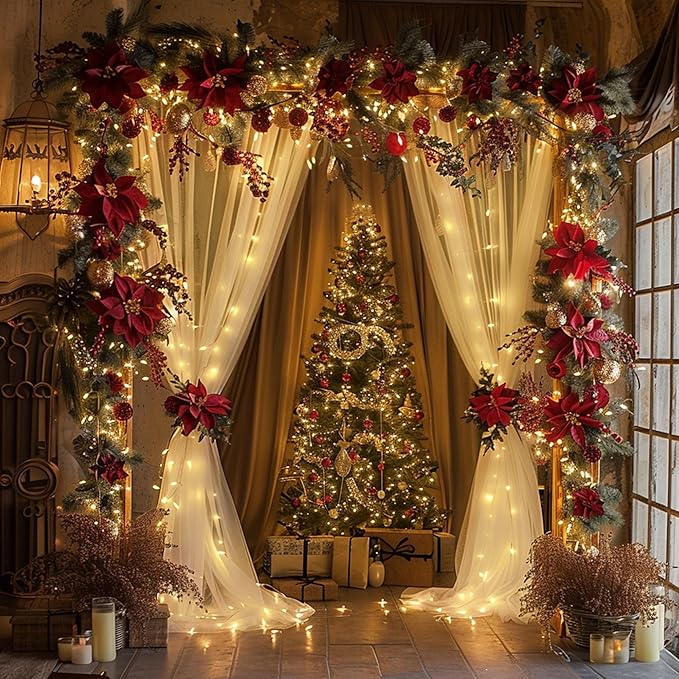 Fomcet Ivory Tulle Backdrop Curtains with Lights String 10FT X 8FT Sheer Curtain with Lights Tulle Curtains Backdrop for Wedding Birthday Party Baby Shower Photo Shoot (2 Panels 5x8FT)