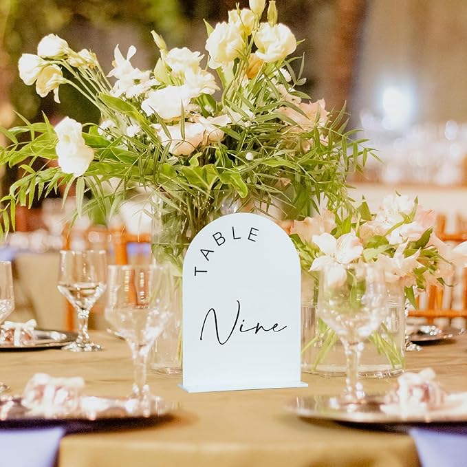 JINMURY White Arch Wedding Table Numbers 1-10 with Stands, 5x7 Inch Acrylic Arch Sign with Black Lettering, White Acrylic Table Numbers for Wedding Reception