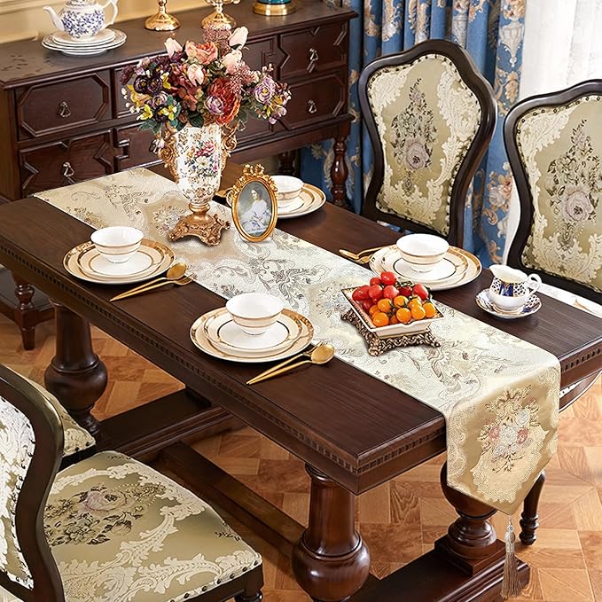 HeMiaor Jacquard Damask Table Runner Chenille Flowery with Delicate Tassel Luxurious Decoration 13"x72" Beige