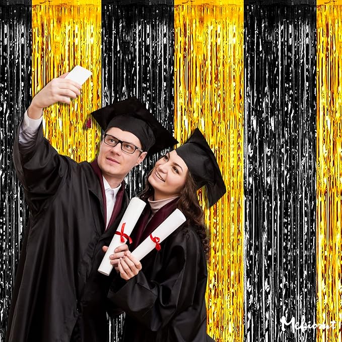4 Pack 3.2Ft x 6.6Ft Black and Gold Fringe Curtain Backdrop, Metallic Tinsel Foil Fringe Streamers Curtains Background for Photo Booth Birthday Wedding Graduation Carnival Party Decorations