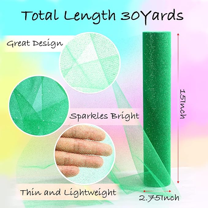 Sparkling Tulle Rolls, 15” by 30 Yards (90FT) Glitter Tulle Spool Ribbon Fabric for Wedding Birthday Bridal Shower Tutu Skirt Party Gift Wrapping(Green)