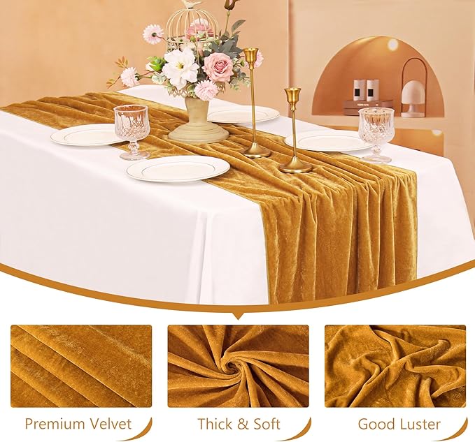 Velvet Table Runner 20 x 120 Inches 10ft Luxurious Thick Soft Velvet Christmas Thanksgiving Wedding Reception Table Runner for Party Reception Decorations(Gold, 1 Pack)