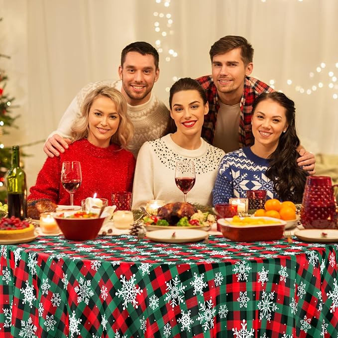 Jectivs 3Pcs Christmas Buffalo Plaid Snowflake Party Tablecloths Decorations,Plastic Red and Green Checkered Round Table Cover for Winter Christmas New Year Birthday Holiday Party Decorations,84 inch