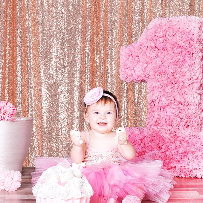 Eternal Beauty Sequin Backdrop Curtain, 7FT x 7FT Rose Gold Background for Valentine's Day Wedding Party Decor