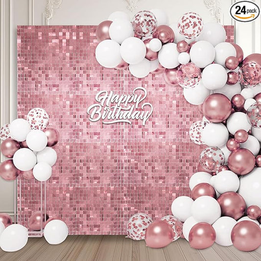 24PCS Pink Shimmer Wall Backdrop, Square Sequin Photo Backdrops Panel, Glitter Wall Background for Birthdays, Weddings, Graduation, Engagements, Disco Bachelorette Party Decoration (4FTx6FT)
