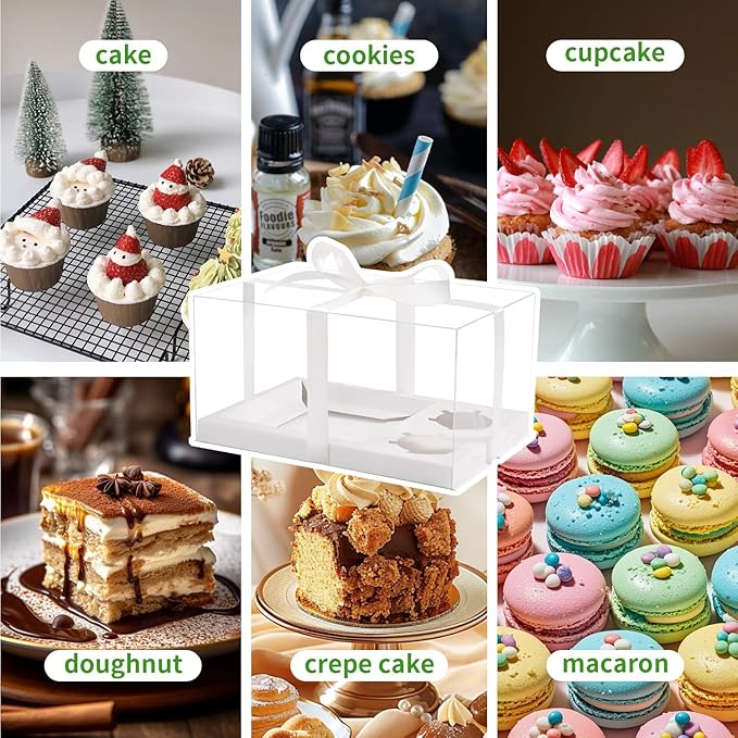 5 Pack Bento Cake and Cupcake Box with Gift Ribbon,Clear Window 1+2 Combination Bento Boxes,4-5in cake and 2 Cupcakes Combo Box Rectangle Cupcake Holder for Birthday Party Baking Supplies (1+2/5Pcs)