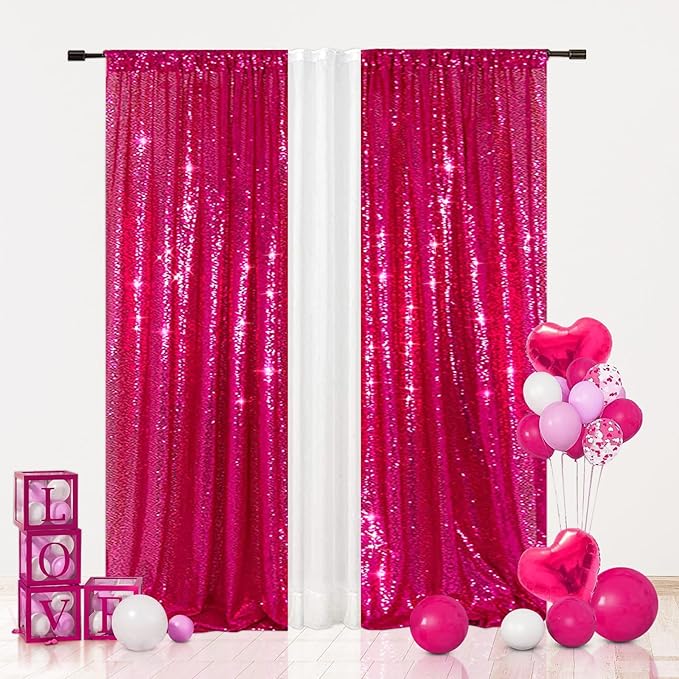 Eternal Beauty Hot Pink Sequin Backdrop Curtains, Valentine's Day Shimmer Back Drop 2Panels-2FTx8FT for Christmas, Party, Birthday, Photography, Wedding, Baby Shower Event Decoration
