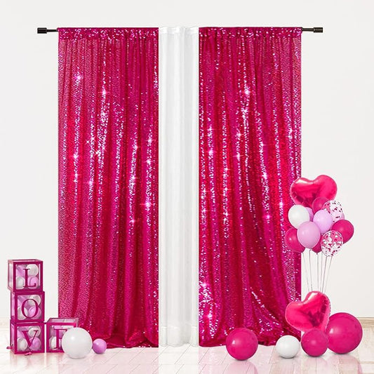 Eternal Beauty Hot Pink Sequin Backdrop Curtains, Valentine's Day Shimmer Back Drop 2Panels-2FTx8FT for Christmas, Party, Birthday, Photography, Wedding, Baby Shower Event Decoration