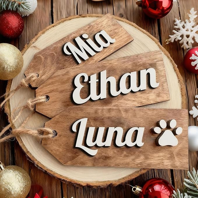 4Pcs Personalized Christmas Stocking Name Tags Custom Wooden Stocking Name Tag Customized Letters Tags Custom Xmas Stockings Hanging Tag Gifts for Christmas Stockings