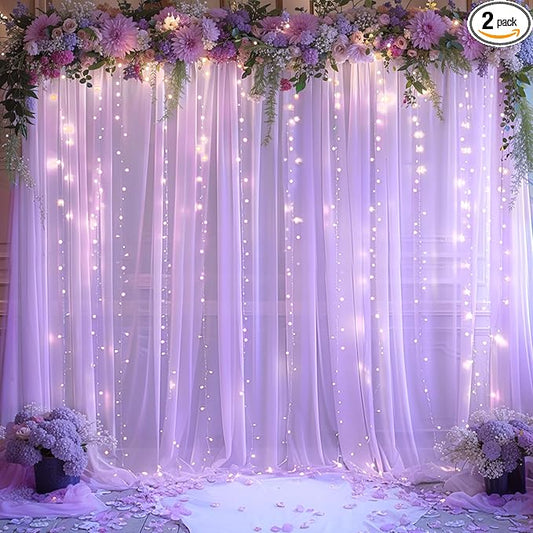 10x10ft Lavender Chiffon Backdrop Curtain with Lights for Wedding Baby Shower, Light Purple Curtain Backdrop with Lights for Birthday Party Gender Reveal Photo Shoot (5 x 10ft,2 Panels)